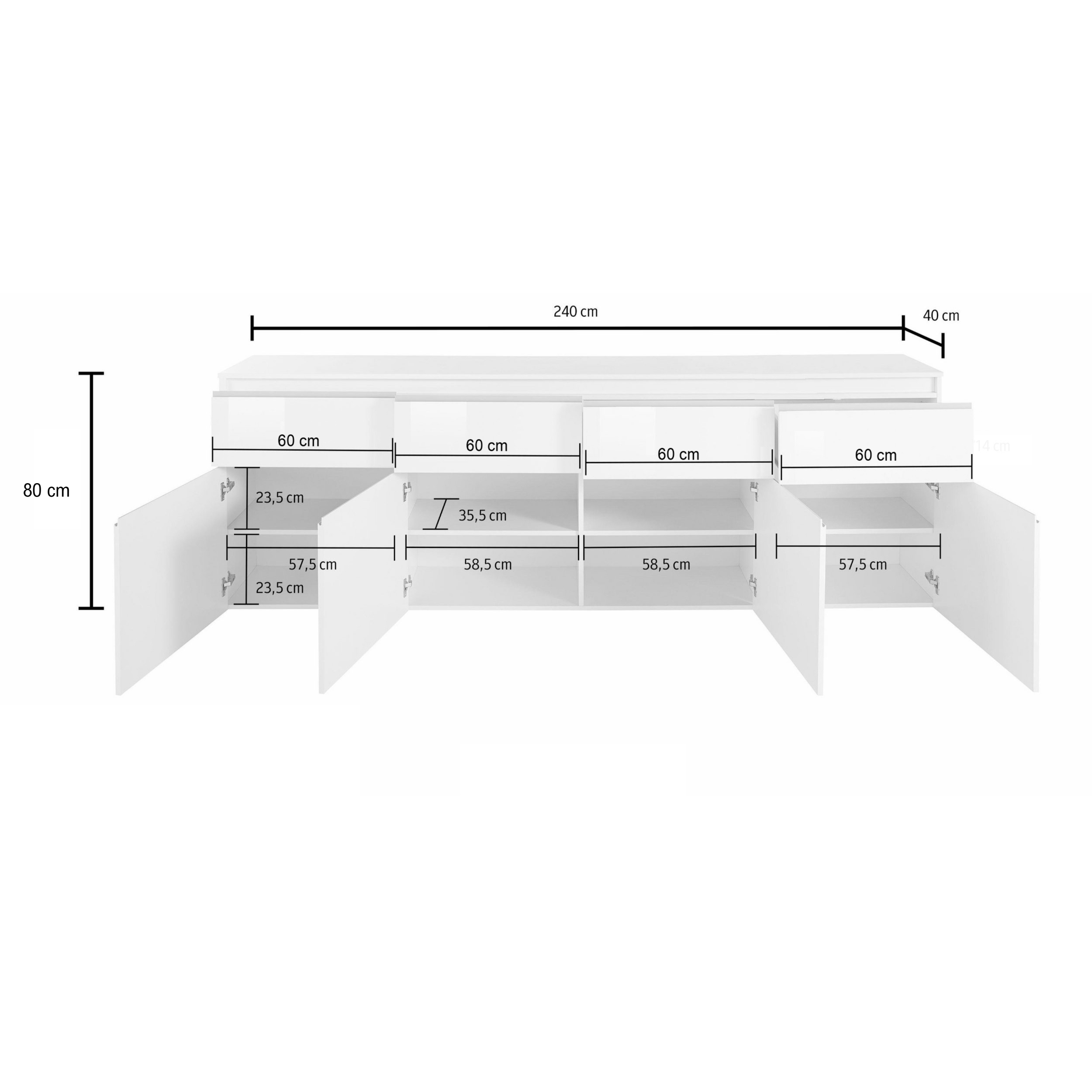 Credenza a cassettiera Magic 4 ante e 4 cassetti bianco lucido 240x40x80 cm