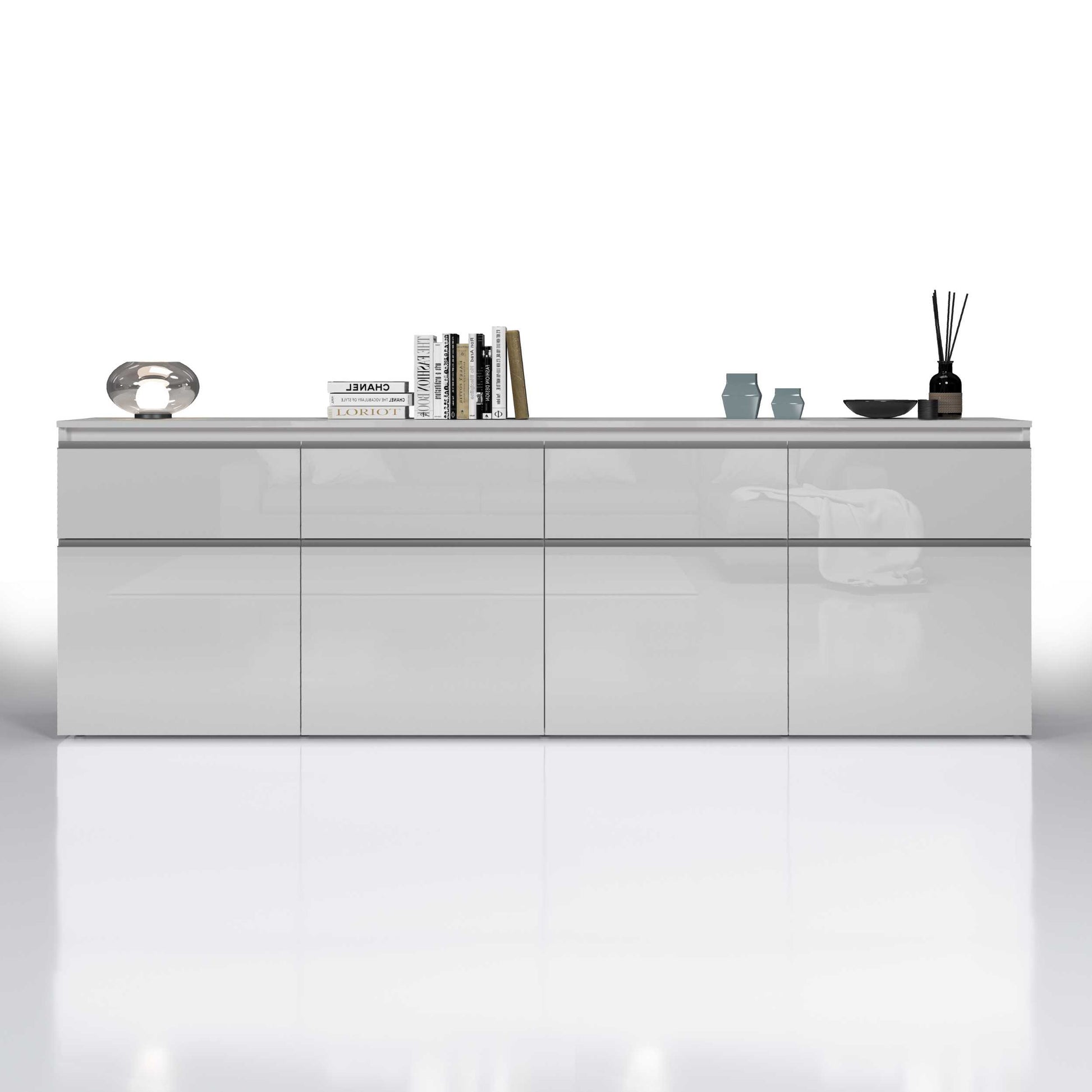 Credenza a cassettiera Magic 4 ante e 4 cassetti bianco lucido 240x40x80 cm
