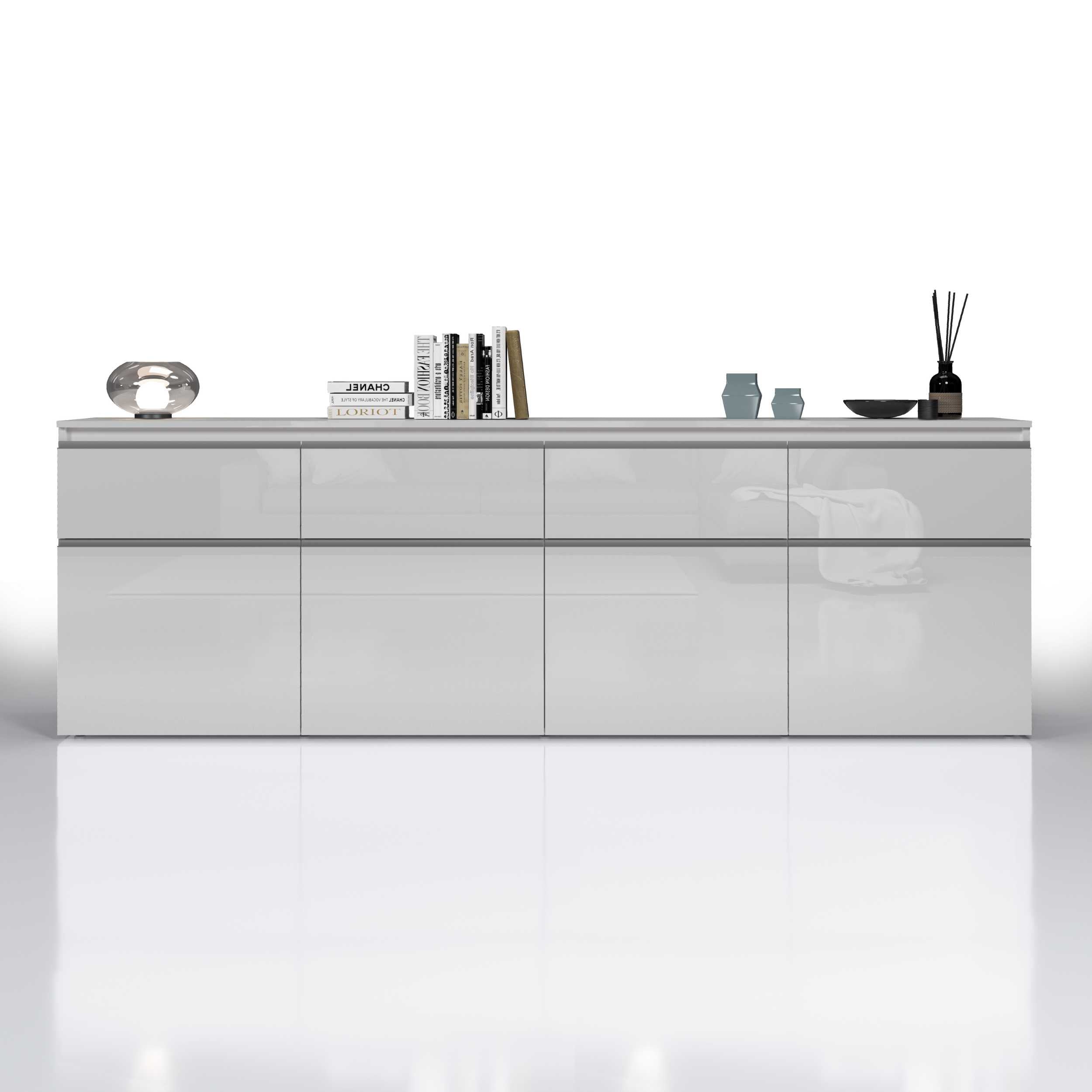Credenza a cassettiera Magic 4 ante e 4 cassetti bianco lucido 240x40x80 cm