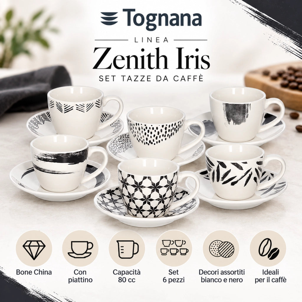 Set 6 Tazze Caffè Tognana Zenith Iris 80 cc Bone China con Piattino