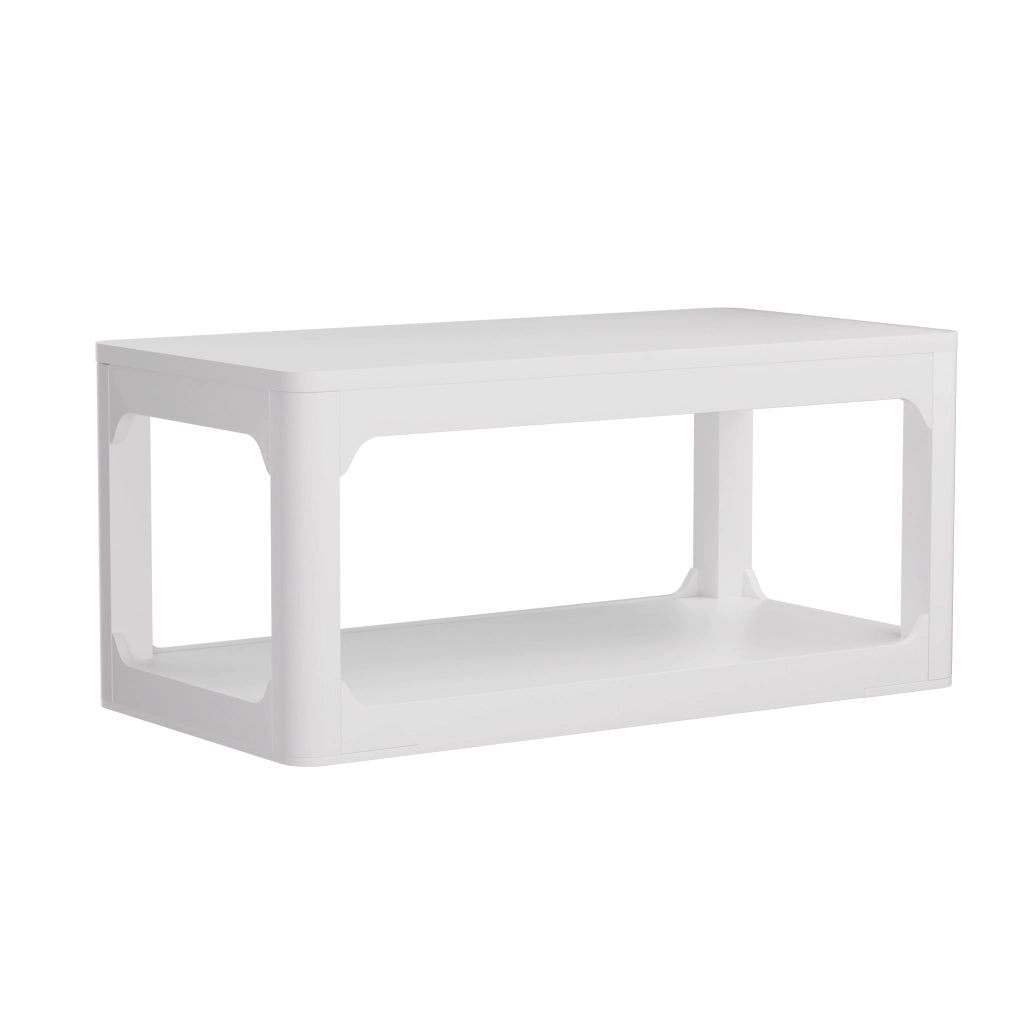 Tavolino da caffè con 2 ripiani portaoggetti; design moderno minimalista; in MDF; bianco; per soggiorno