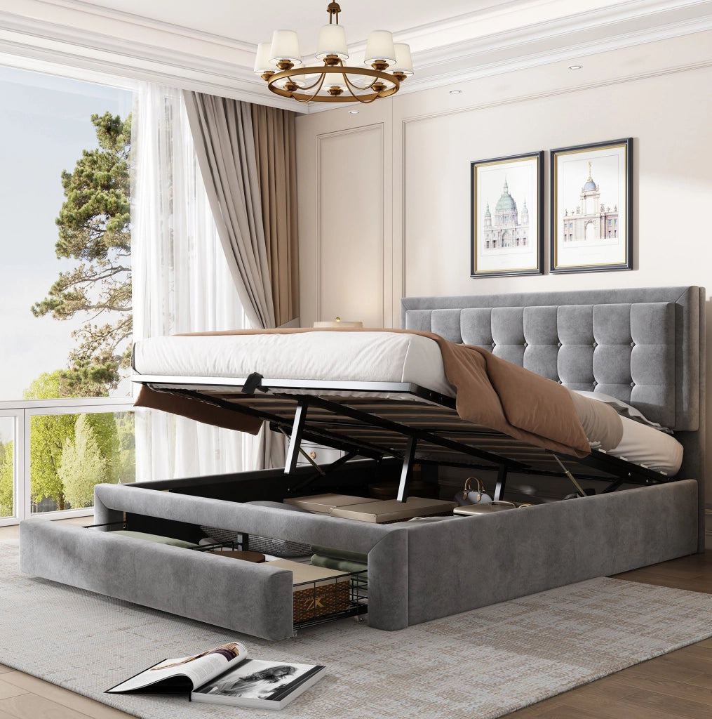 Letto imbottito con contenitore e cassetti in velluto grigio