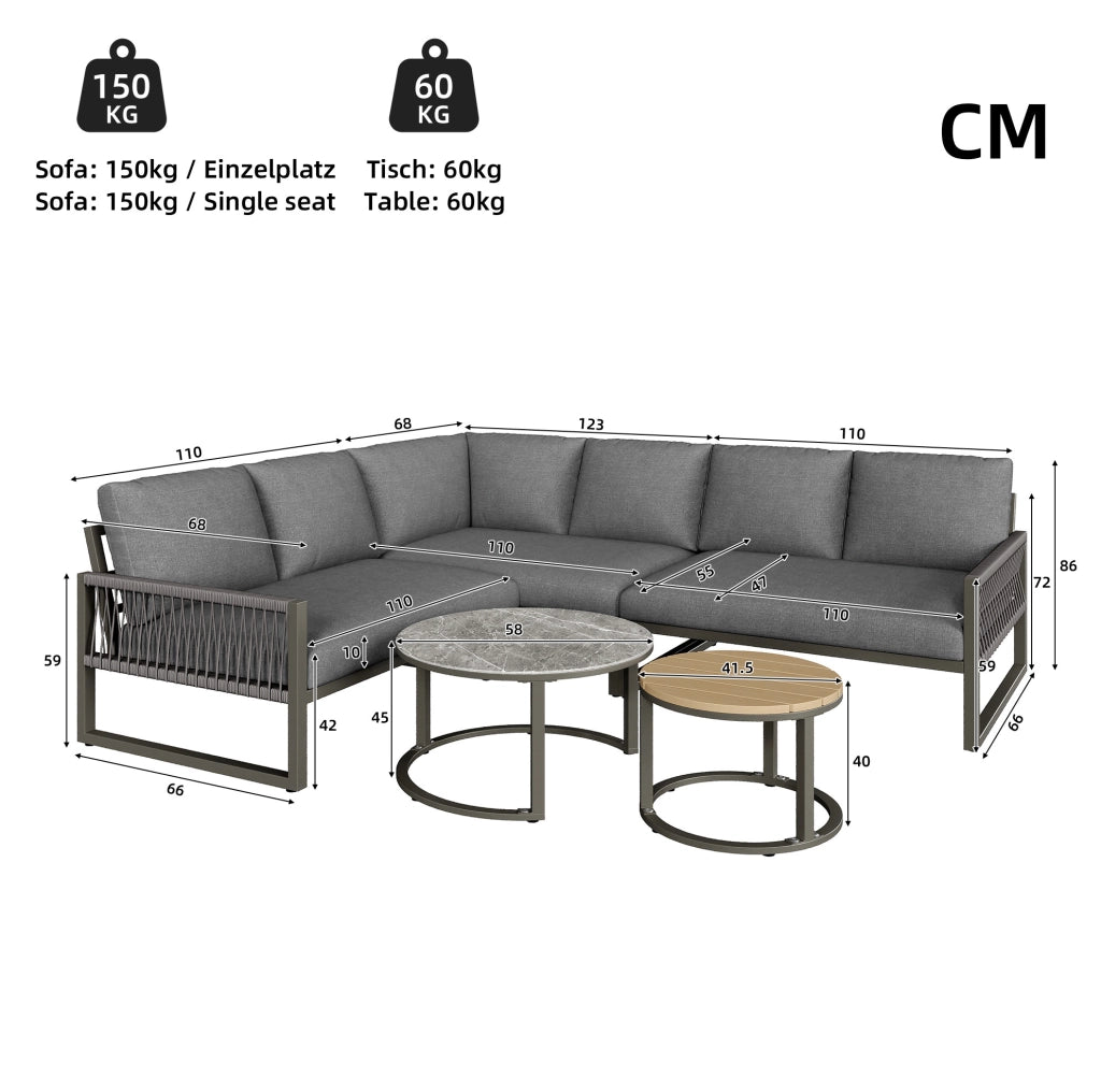 Salotto da giardino 123x68x86 cm; schienale alto e seduta profonda; metallo; grigio