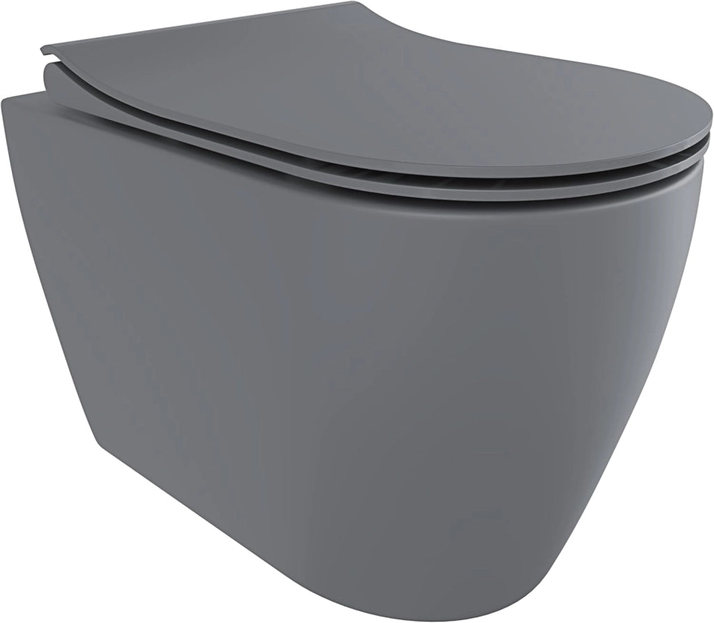 Coppia Sanitari Rimless Filomuro Vaso WC Filo Parete Tornado Flush Senza Brida Bidet Design Moderno Ceramica Copriwater Soft Close Grigio Opaco