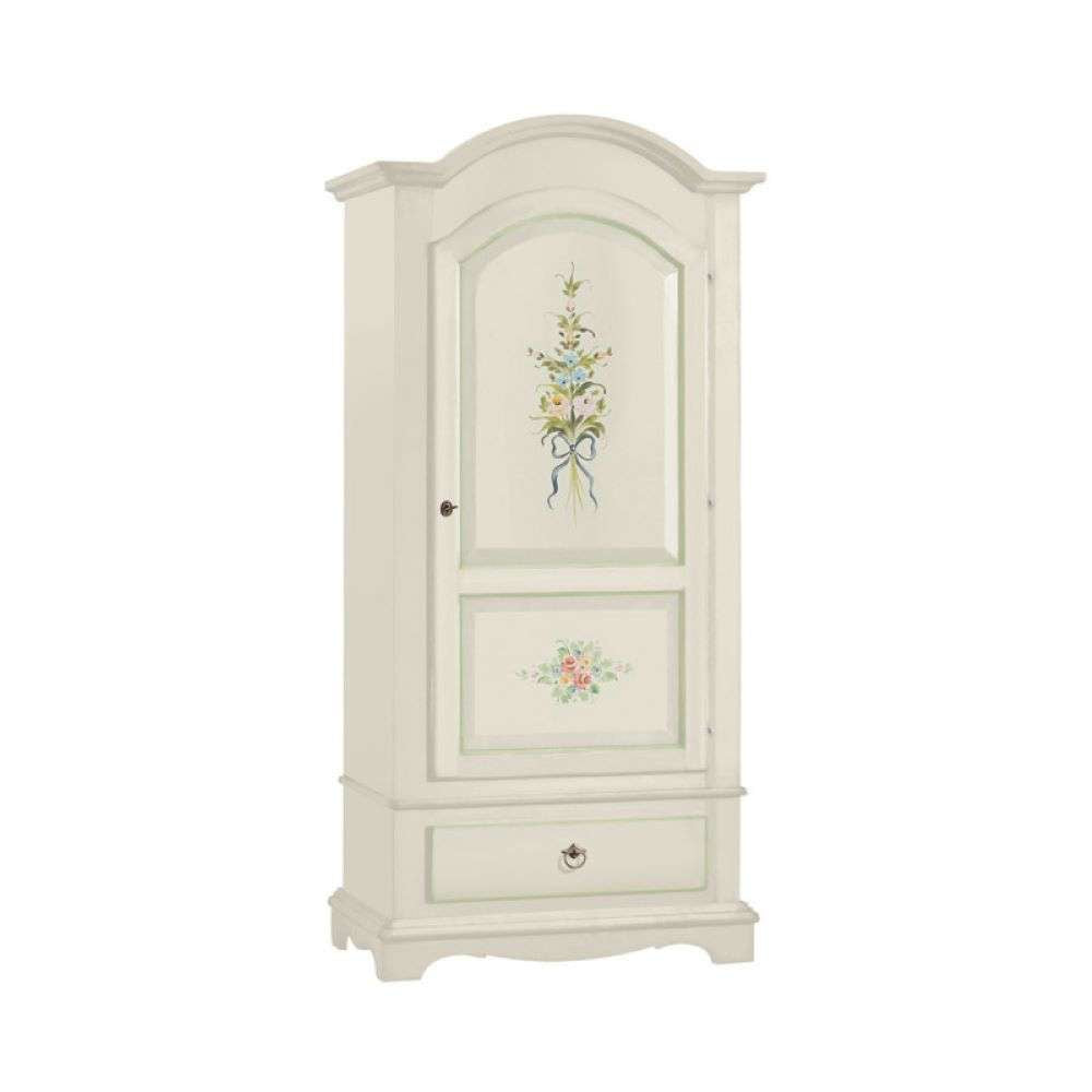 Armadio appendiabiti 1 anta 1 cassetto arte povera in legno massello e mdf con rifinitura in bianco filo verde con decori 95x56x196 H