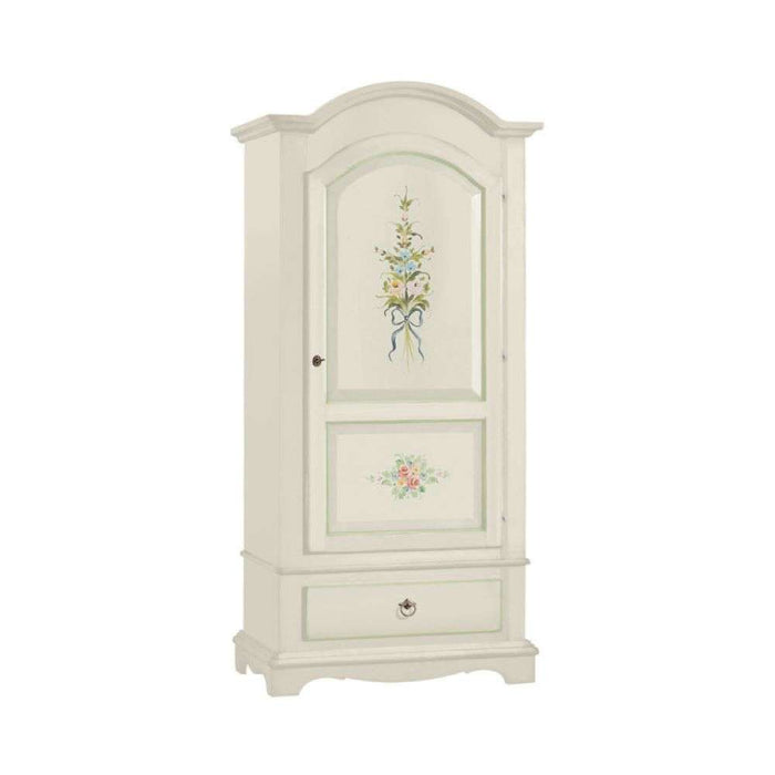 Armadio appendiabiti 1 anta 1 cassetto arte povera in legno massello e mdf con rifinitura in bianco filo verde con decori 95x56x196 H