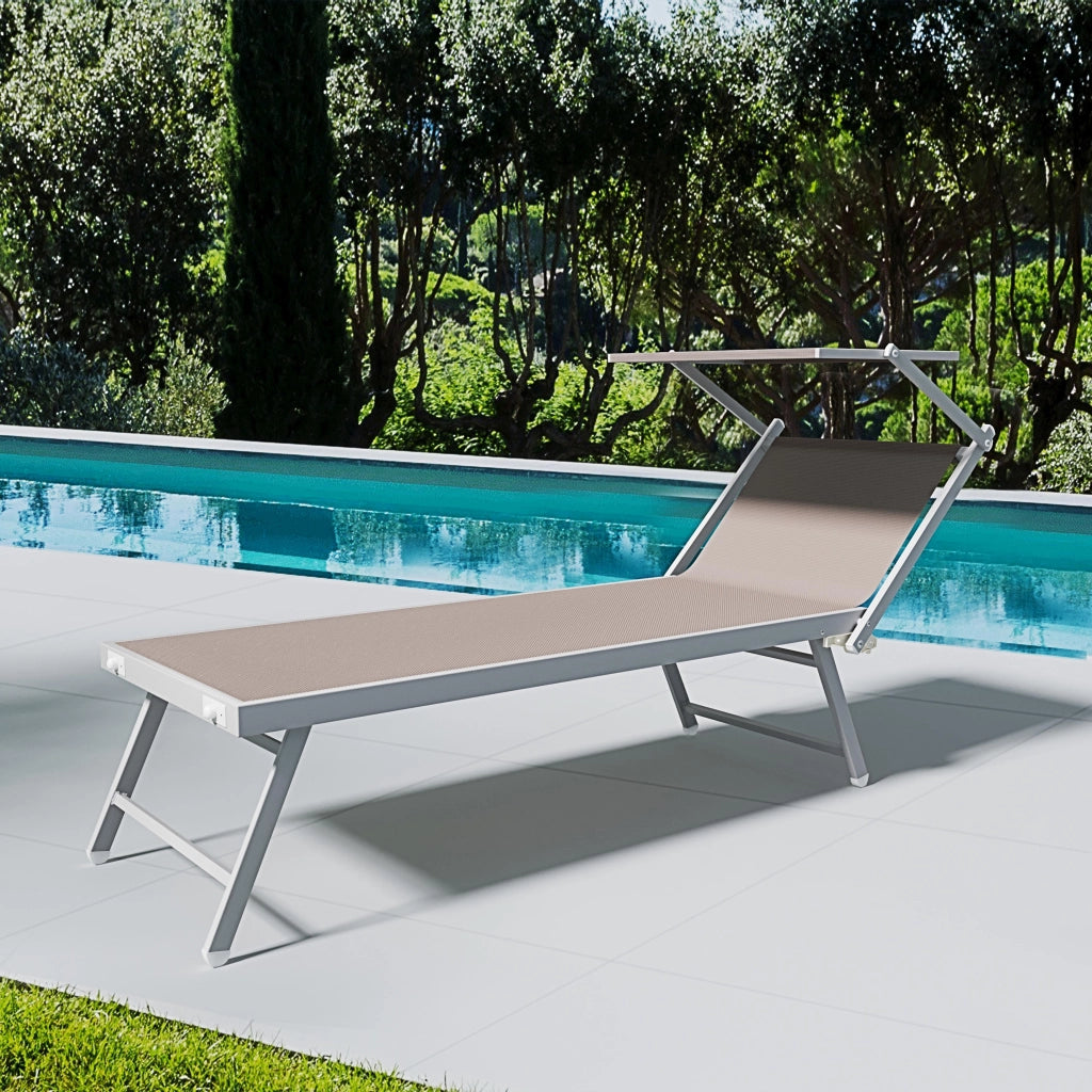 Lettino Prendisole Pieghevole Professionale In Alluminio Tessuto Textilene 720 gr/m² Tettuccio Orientabile Parasole Sdraio Prendi Sole Mare Spiaggia Piscina Giardino 182 x 60 x 38 cm (Tortora)