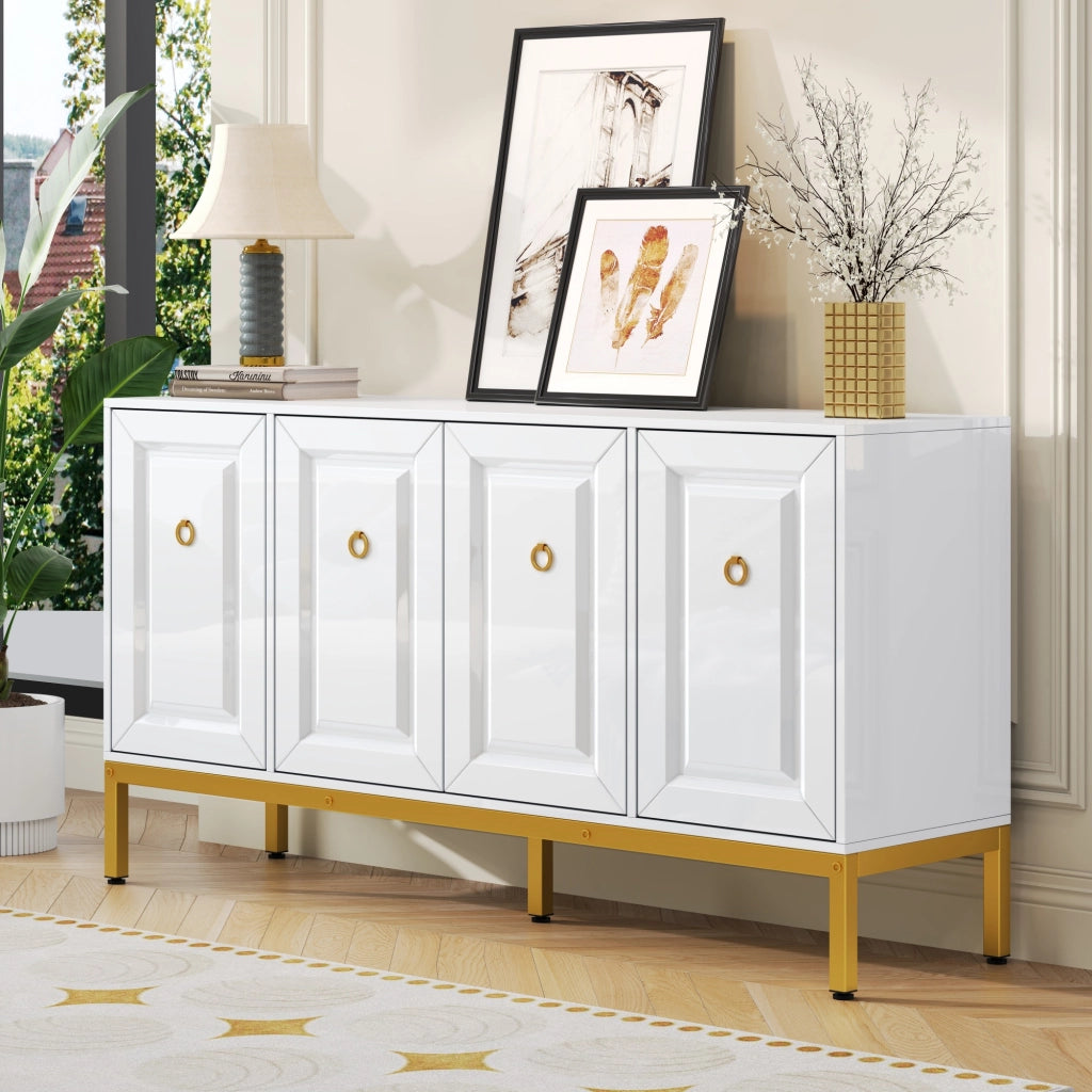 Credenza con 4 Ante e Ripiani Regolabili; Finitura Lucida; in MDF e Pannello Truciolare; Bianco; 140??40??80 cm