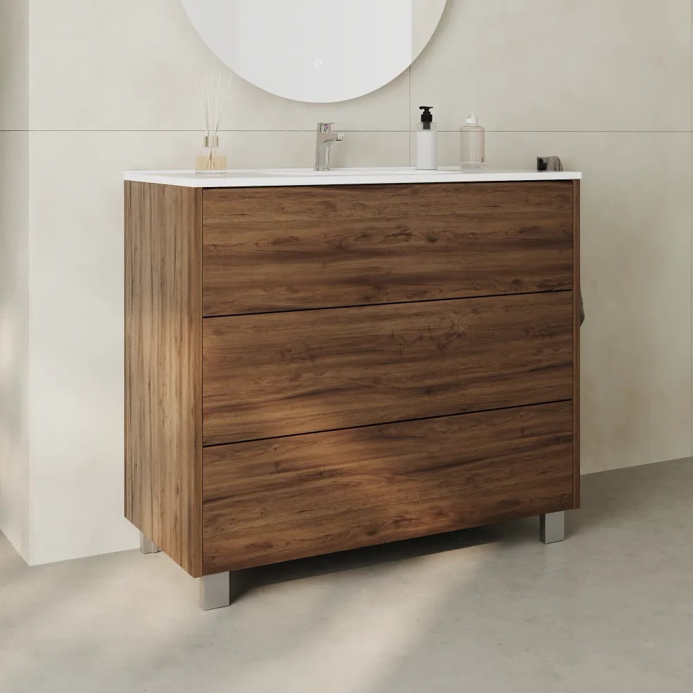 Mobile bagno a terra 100cm  tre cassetti push&pull rovere barok con lavabo bianco lucido | Yaku