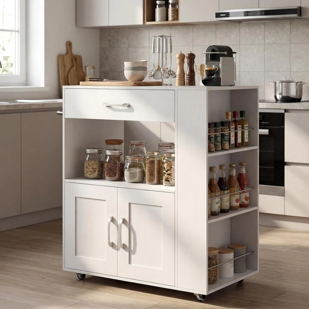 Credenza da Cucina su Ruote, Isola Mobile, Carrello da Servizio con Cassetto e 3 Ripiani, 2 Colori, 75x46x89 cm (Bianco Pieno)