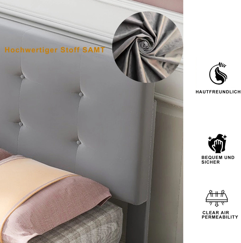 Letto singolo imbottito 90x200 cm con rete a doghe e cassetto; velluto grigio