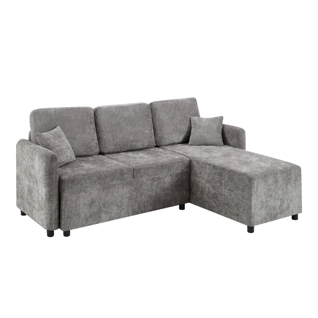 Divano angolare L 3 posti in chenille grigio con 2 cuscini; struttura in legno; compatto