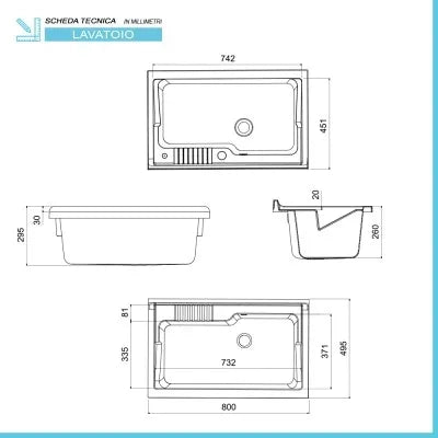 Mobile lavatoio 80x50 cm grigio calce vasca in resina e kit di scarico Moon