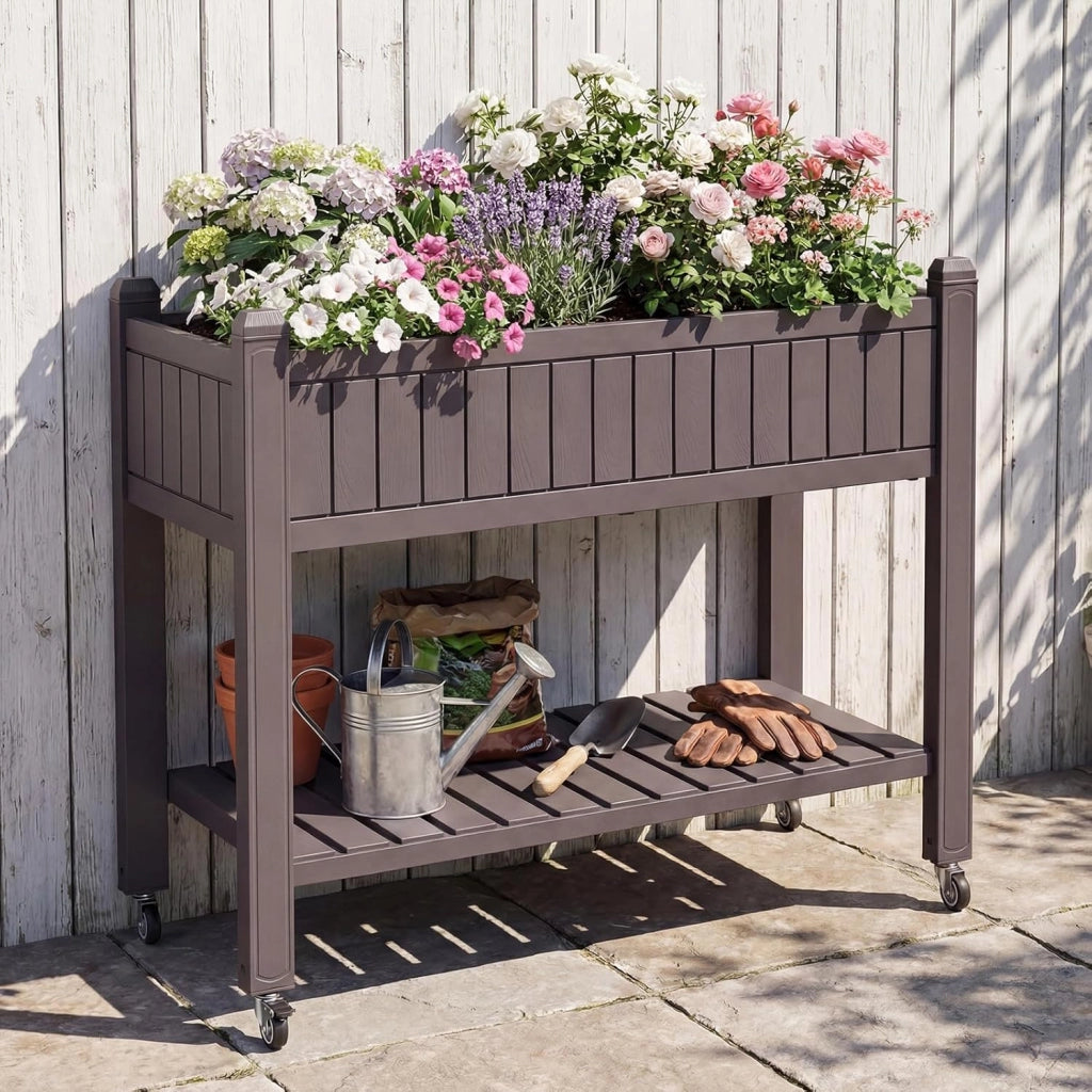 Letto da Giardino Rialzato con Ruote, Fioriera Elevata Divisibile con Monitor d’Acqua, Foro di Drenaggio e Ripiano per Verdure, Erbe, Contenitore Impermeabile per Piante da Cortile e Patio
