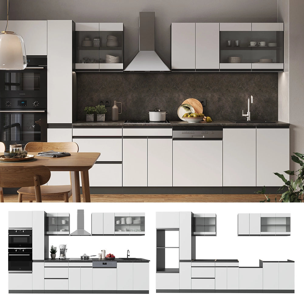 Vicco Cucina componibile Bianco/antracite 350 cm Forma a J, con mobile alto, senza piano di lavoro