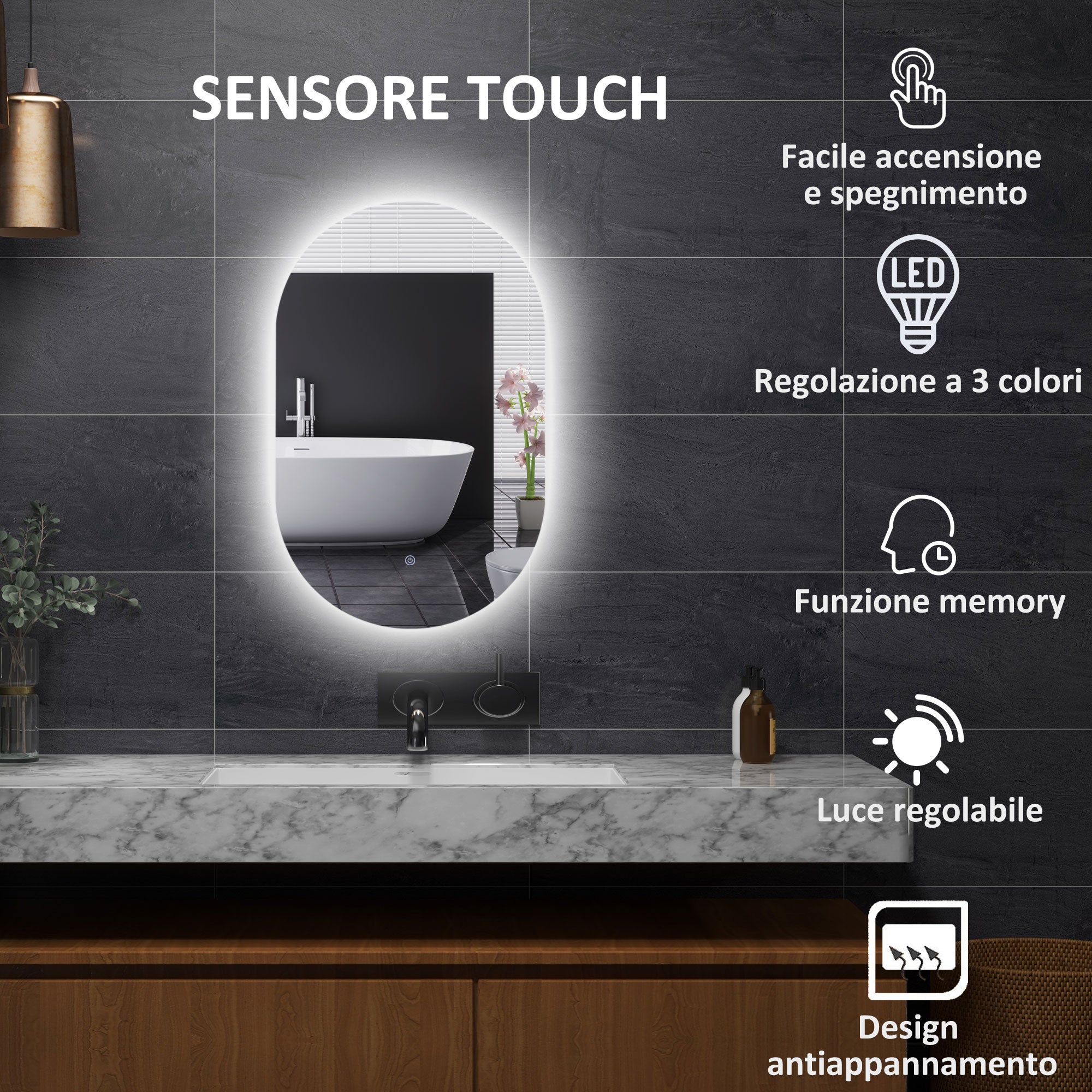 Specchio Bagno da Parete LED Antiappannamento 81x51x4,5 cm in Vetro e Alluminio Argento