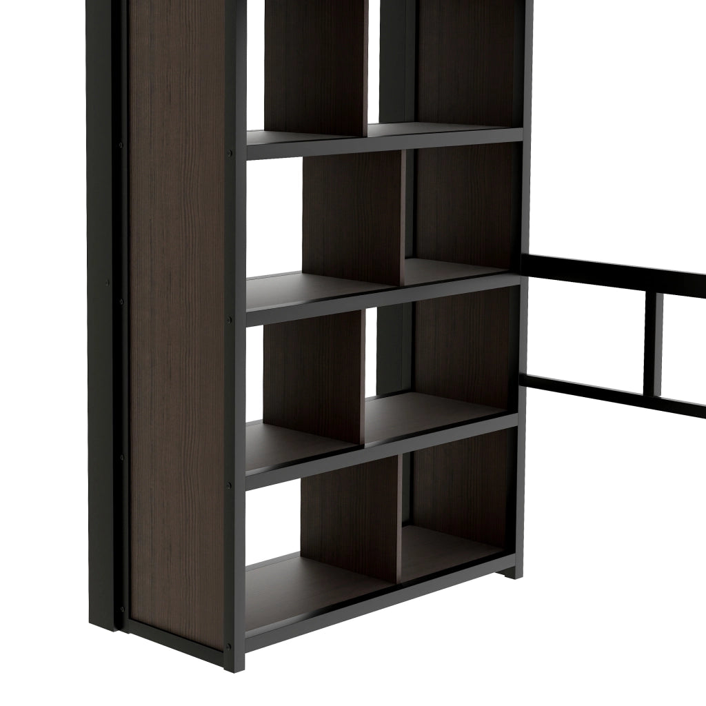LETTO a soppalco 90x200 cm in metallo nero con scrivania e ripiani, senza materasso