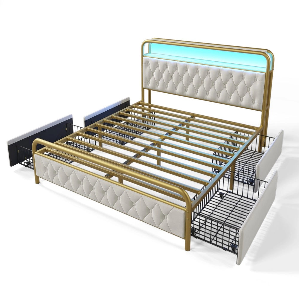Letto Imbottito Matrimoniale con Cassetti e LED ¨C MINIMAL ¨C Velluto 140x200