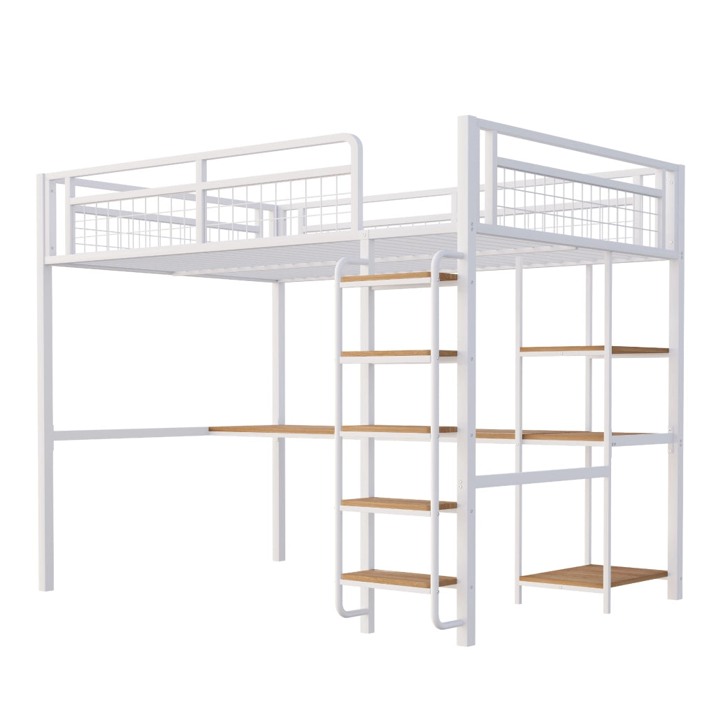 Letto a soppalco matrimoniale 140×200 cm con scala di sicurezza; tavolo e ripiani; senza materasso; metallo; bianco
