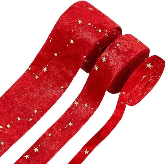 Banda di velluto a doppia faccia con motivi stellari - 6 metri - rosso - decorazione per regali - festa matrimonio fai da te