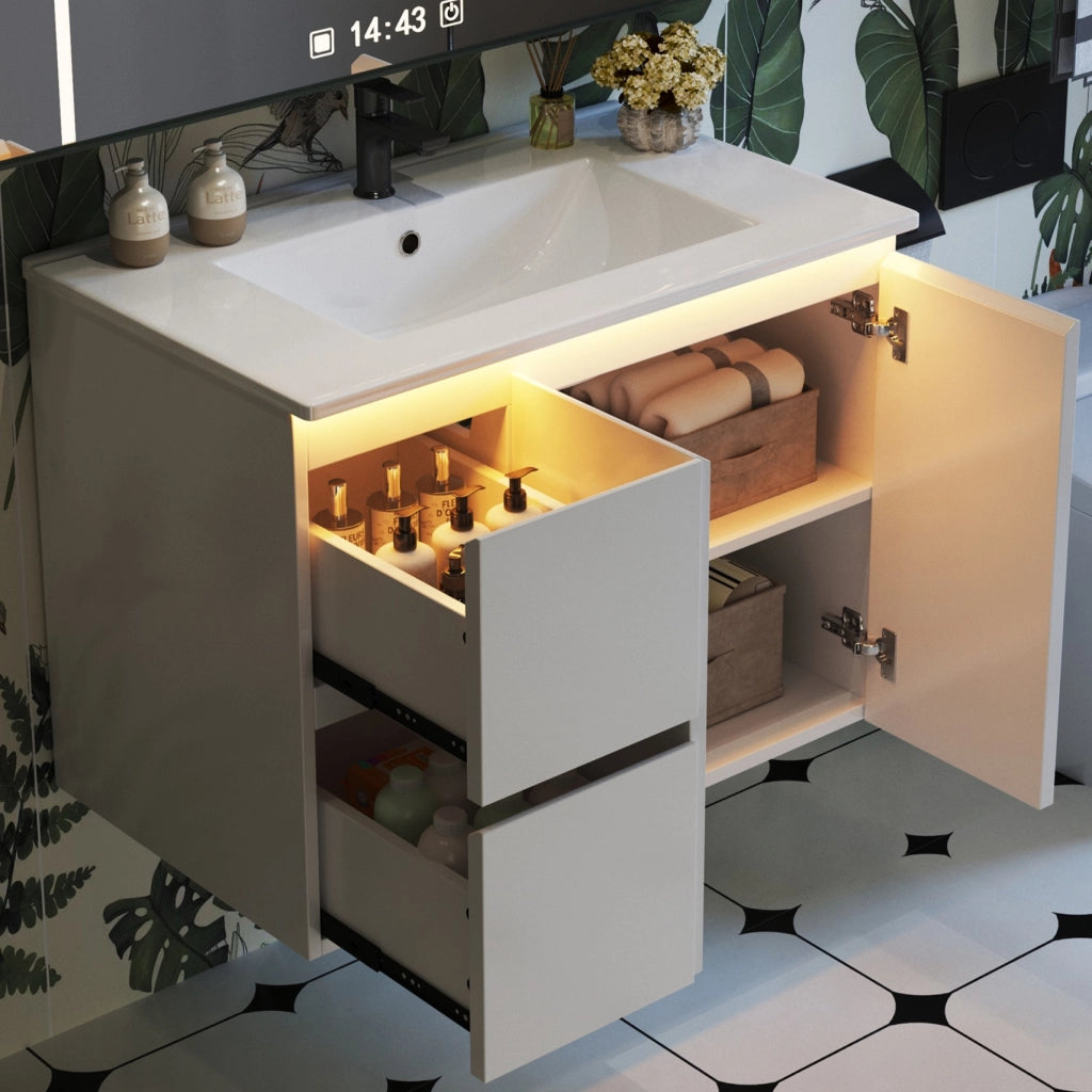 Mobile sottolavabo con 2 cassetti e lavabo integrato, LED a sensore radar, per bagno, in MDF e ceramica, bianco, 76 × 47 × 57 cm