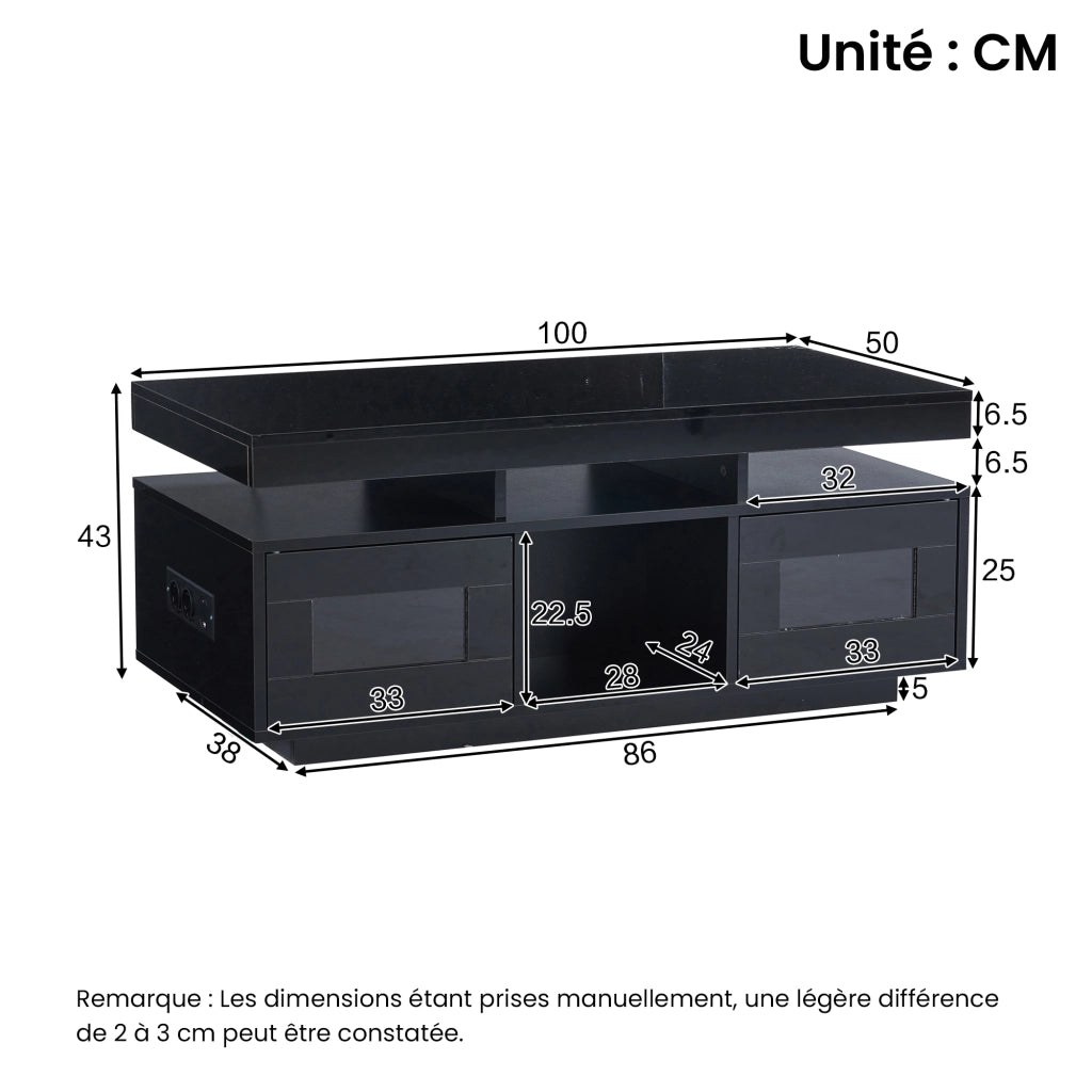 Tavolino da Caffè con 2 Ante e 2 Vani Semiaperti e LED; Presa + USB; Nero Lucido; in Pannello truciolare; 100×50×43 cm