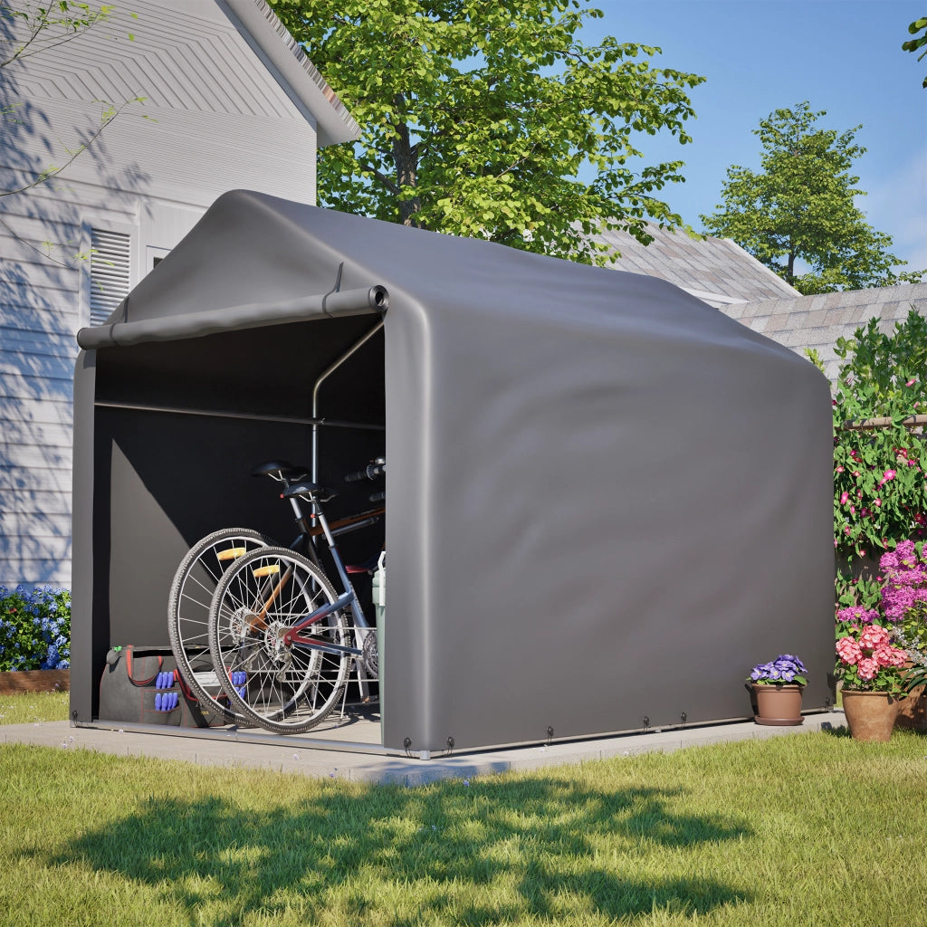 Tenda Garage per Biciclette 160x220x165 cm Grigia con Telo PE Impermeabile, Porta Avvolgibile e 8 Picchetti