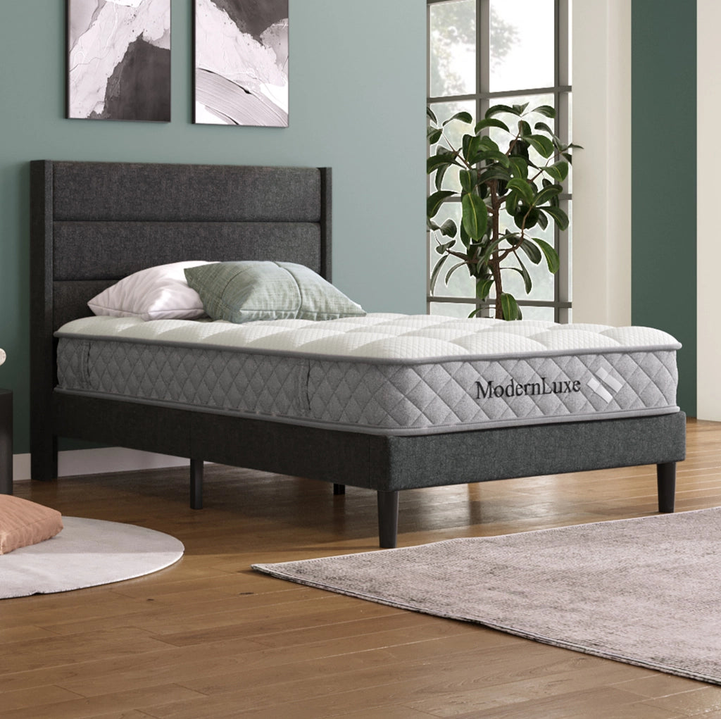 Letto singolo 90x200 in lino grigio con testiera e rete a doghe