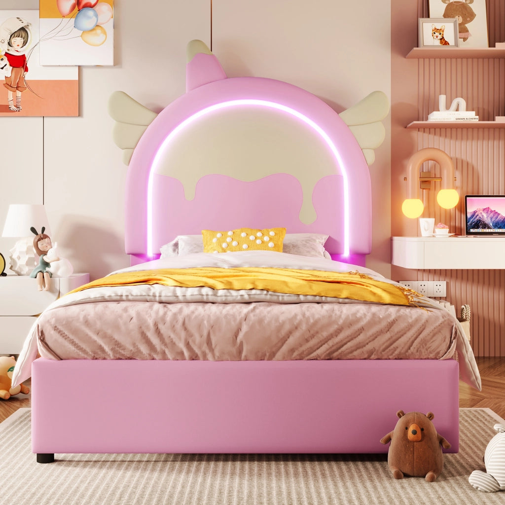 Letto Singolo per Bambini 90 x 200 cm con 2 Cassetti e Barra Luminosa; Forma Unicorno; senza Materasso; PU; Rosa