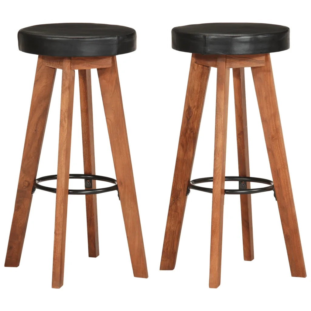 Sgabelli da Bar 2 pz in Vera Pelle e Legno Massello di Acaciacod mxl 126377