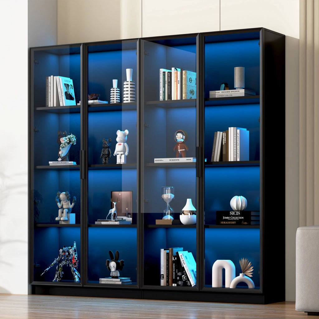 Libreria Vetrina con LED ¨C MINIMAL ¨C 4 Ante, Ripiani Scorrevoli, Soggiorno