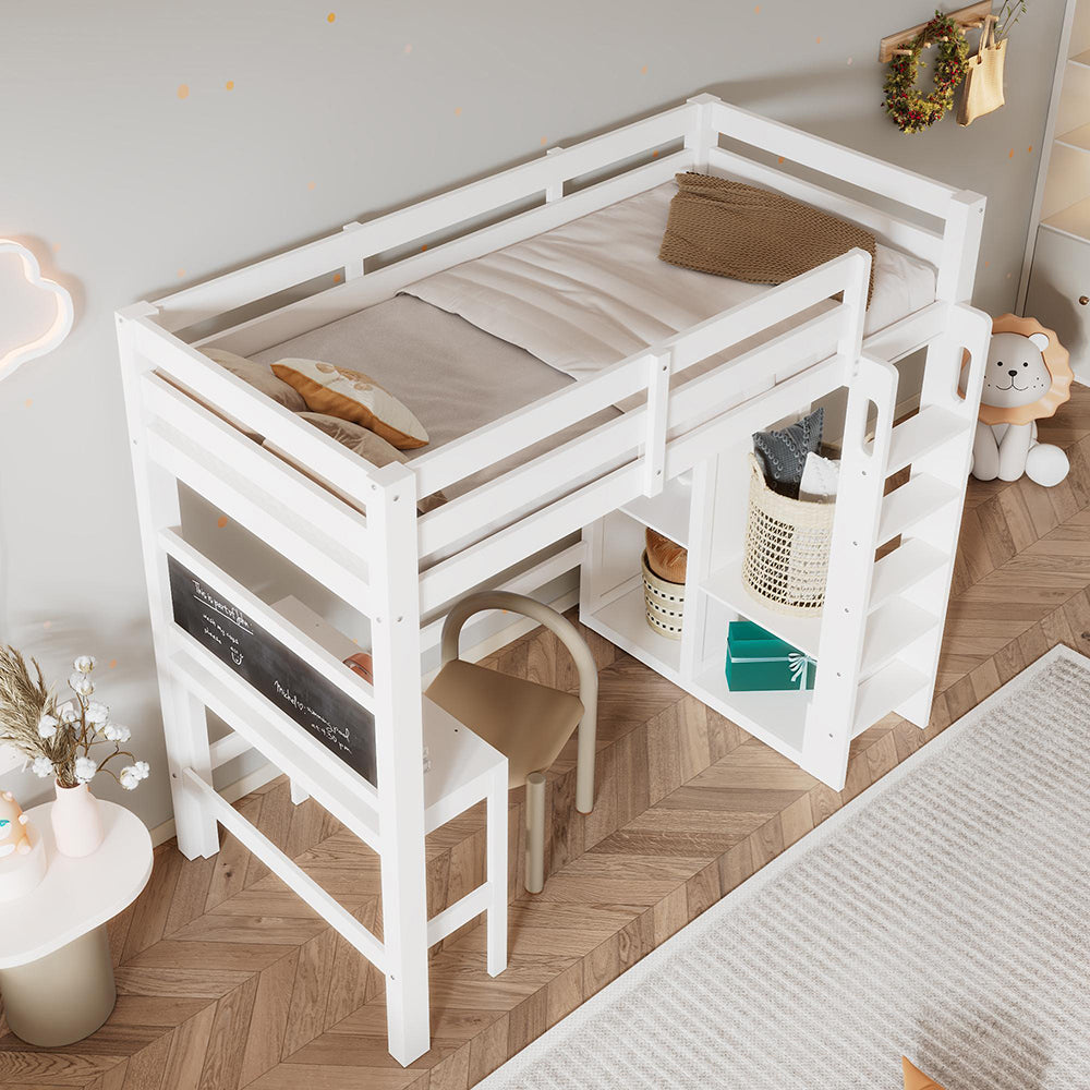 Letto a soppalco per bambini - Xylo - 90x200 cm - Bianco - Con scrivania, armadio e scaffali