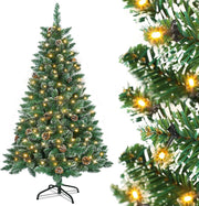 Albero di Natale artificiale con illuminazione, 210 cm, in PVC, albero di Natale artificiale, con 350 LED e supporto, decorazione natalizia con neve e pigne