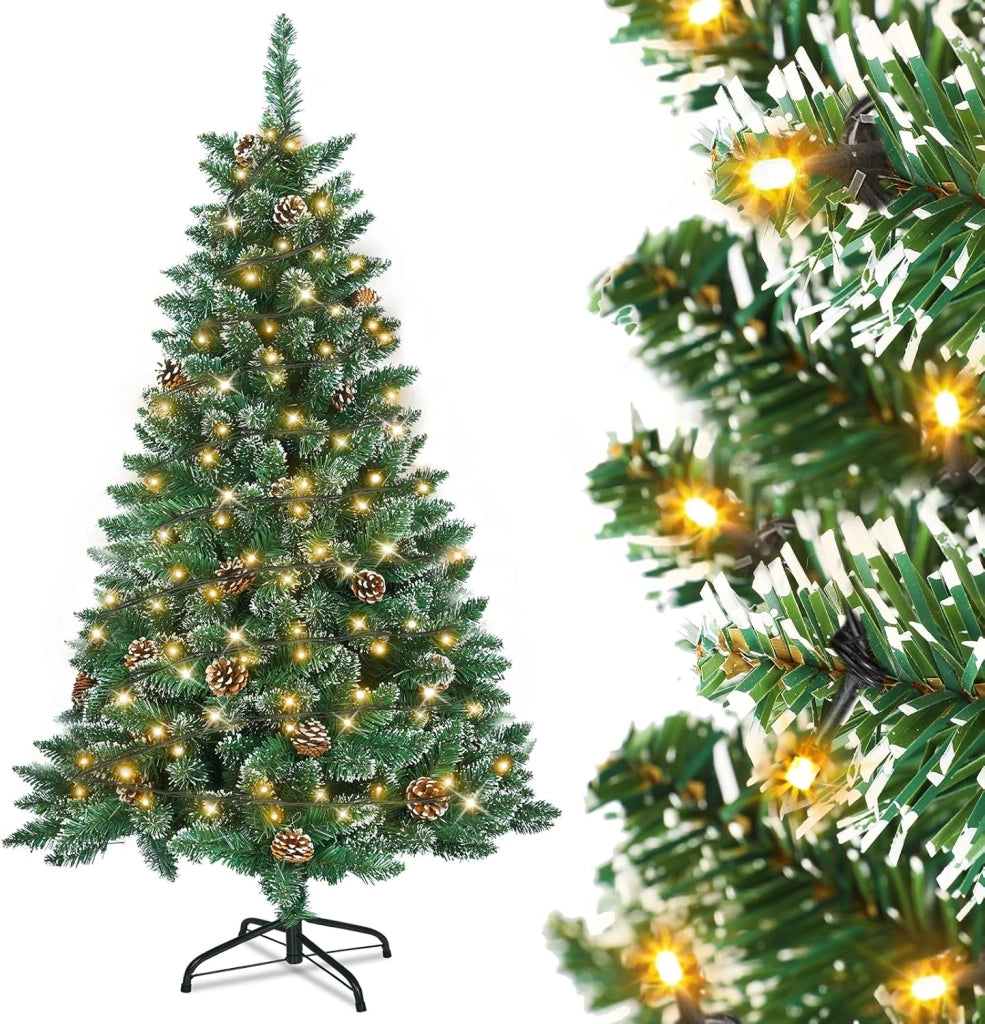 Albero di Natale artificiale con illuminazione, 210 cm, in PVC, albero di Natale artificiale, con 350 LED e supporto, decorazione natalizia con neve e pigne