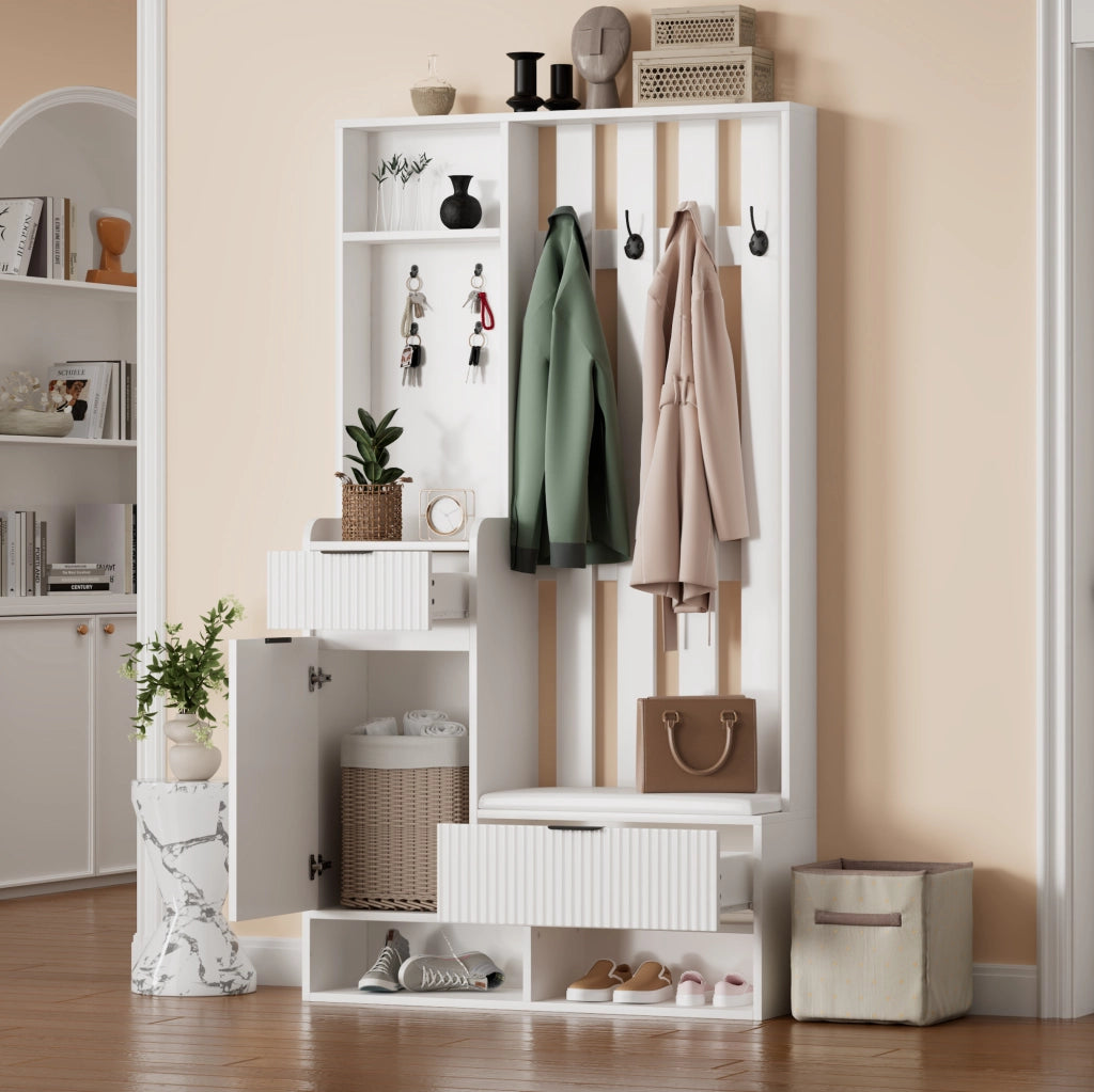 Guardaroba da ingresso 6 in 1 con panca e contenitore, bianco