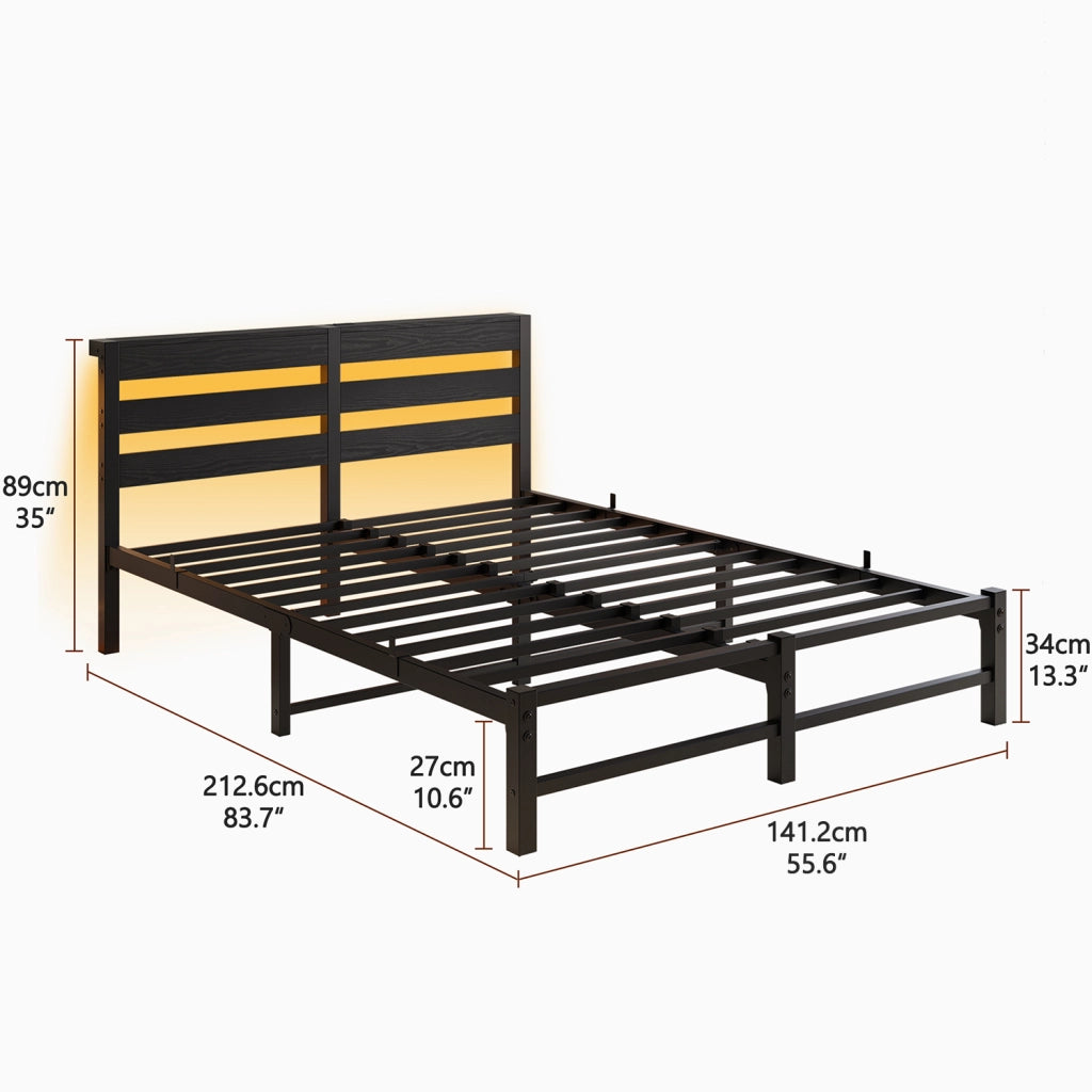 Letto per adulti 140 × 200 cm con LED RGB, 2 porte USB, contenitore sotto il letto, senza materasso, nero