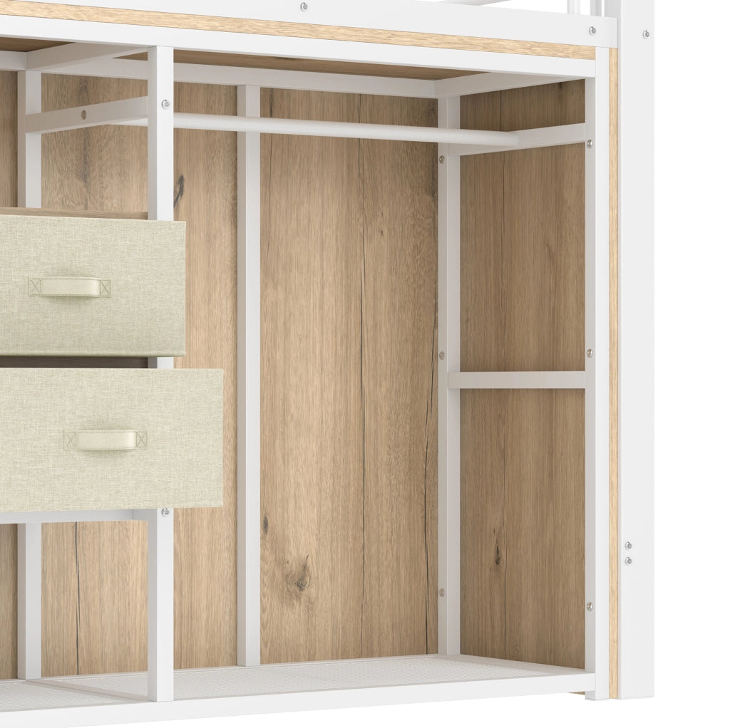 Letto a soppalco ULEVR 90x200 cm con 2 cassetti, appendiabiti aperto e LED multicolore, bianco