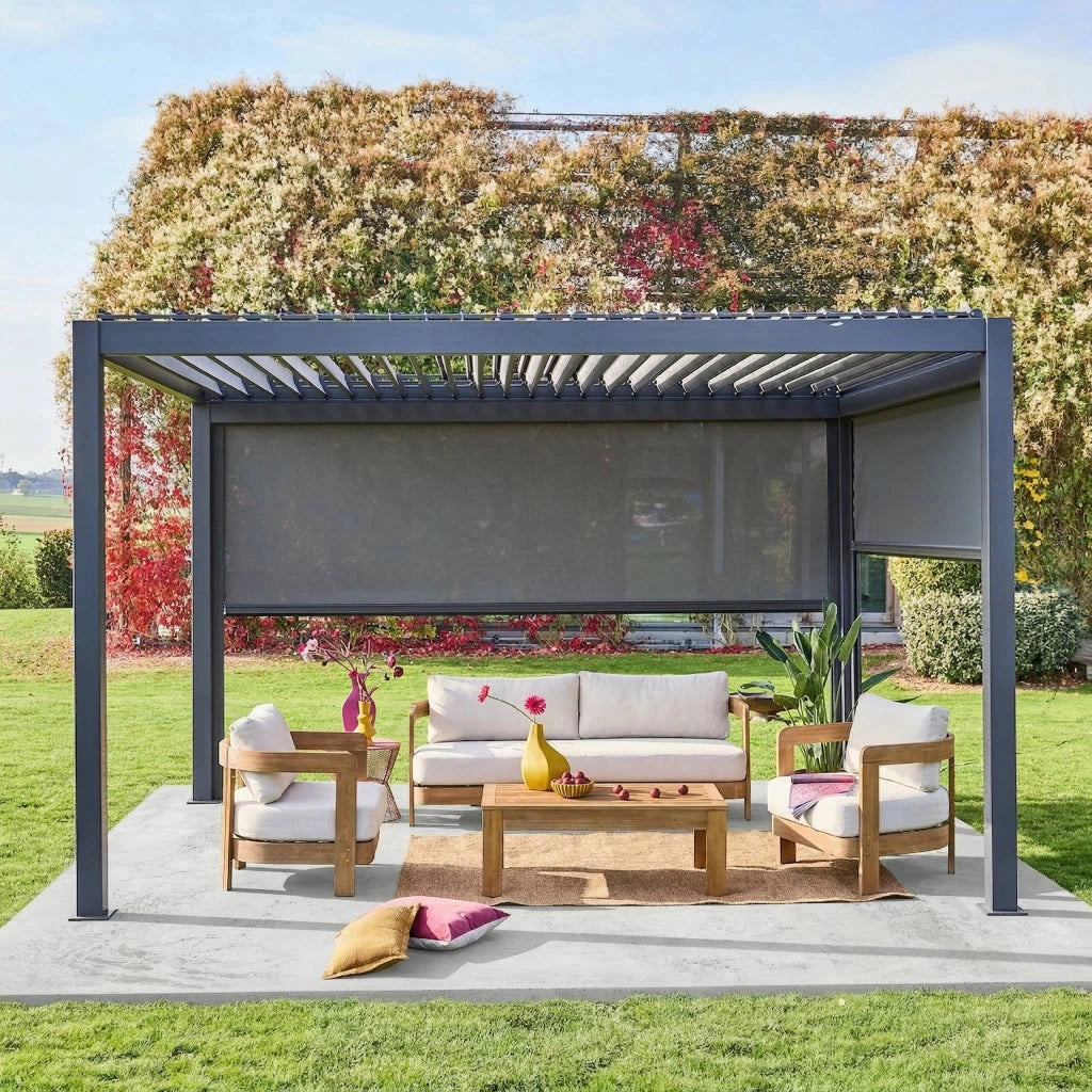 Pergola bioclimatica 3x4m in alluminio + tenda da 3m + tenda da 4m,