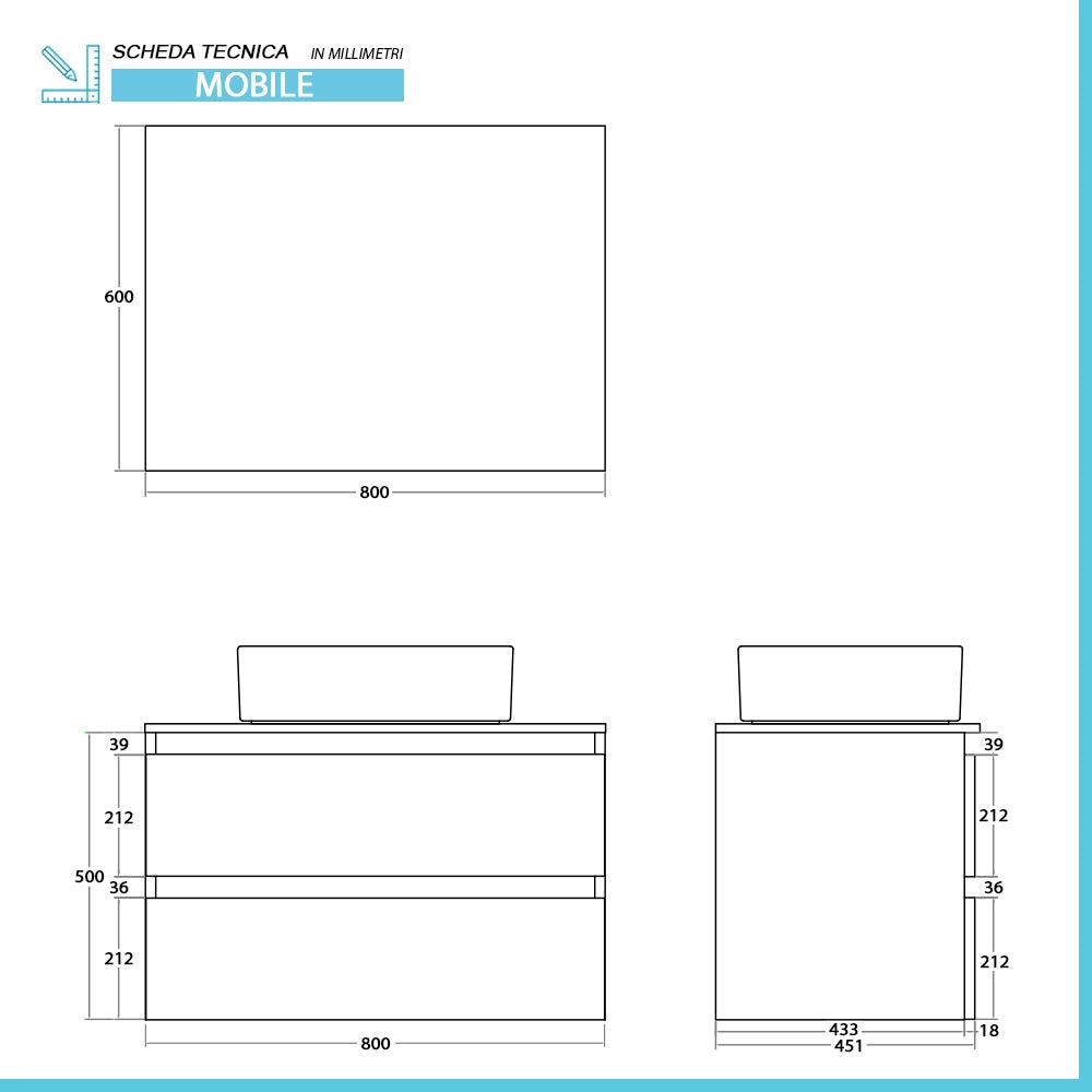 Mobile bagno sospeso 80 cm bianco e rovere con cassetti soft-close Kleo