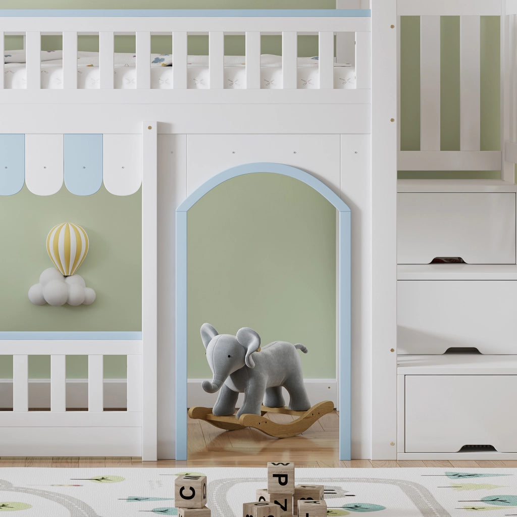 Letto a Castello 90 x 200 cm - Scala con Contenitore; Sponde e Spazio Sottoletto - Bianco e Blu