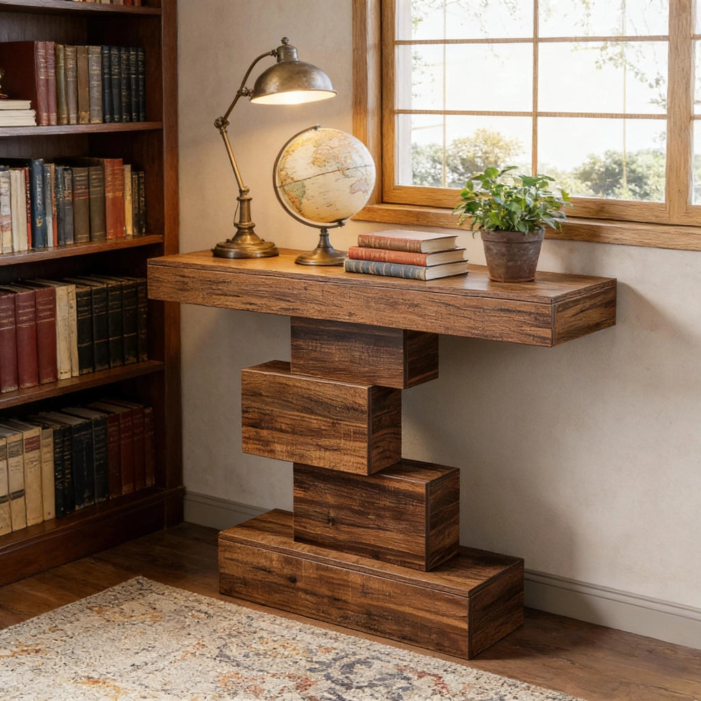 Consolle con struttura geometrica e ripiano decorativo per ingresso e soggiorno in legno marrone scuro 108 × 30 × 80 cm