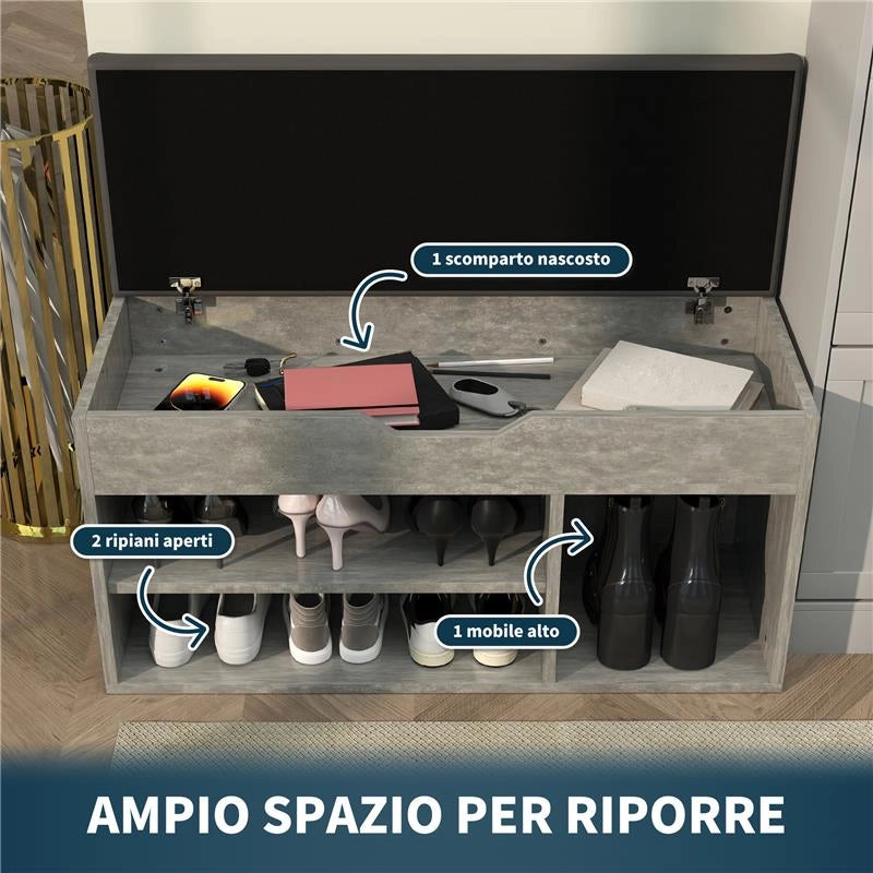 SCARPIERA SALVASPAZIO IMBOTTITA A 3 RIPIANI APERTI CON SPAZIO A SCOMPARSA, IN LEGNO, 80X30X45 CM, NERO E GRIGIO