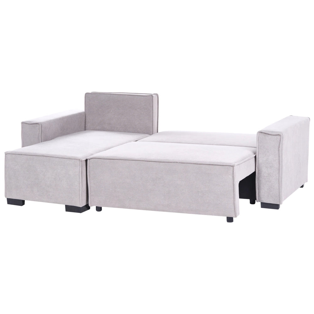 Divano letto angolare a 3 posti con rivestimento in tessuto grigio lato destro con braccioli contenitore reversibile stile moderno soggiorno