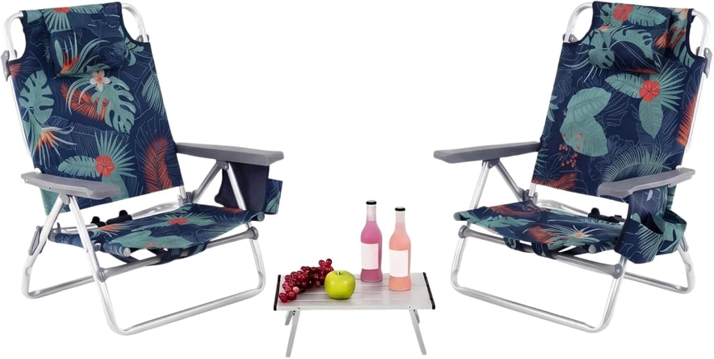 Set di 2 Lettini Prendisole Pieghevoli e Tavolino, Lettini da Spiaggia con Poggiatesta e Schienale Regolabile, Sedie Sdraio Portatile con Borse Laterali per Giardino, Piscina (Blu Marino)