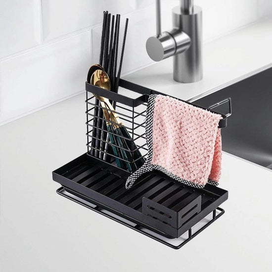 Organizzatore caddy sponda - contenitore di stoccaggio lavandino - supporto per asciugamani e spugne - contenitore per asciugamani e asciugamani - dispensatore di sapone - spazzola nera