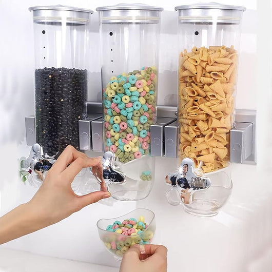 Dispenser Cereali Triplo con Montaggio a Parete Distributore Corn Flakes Silver