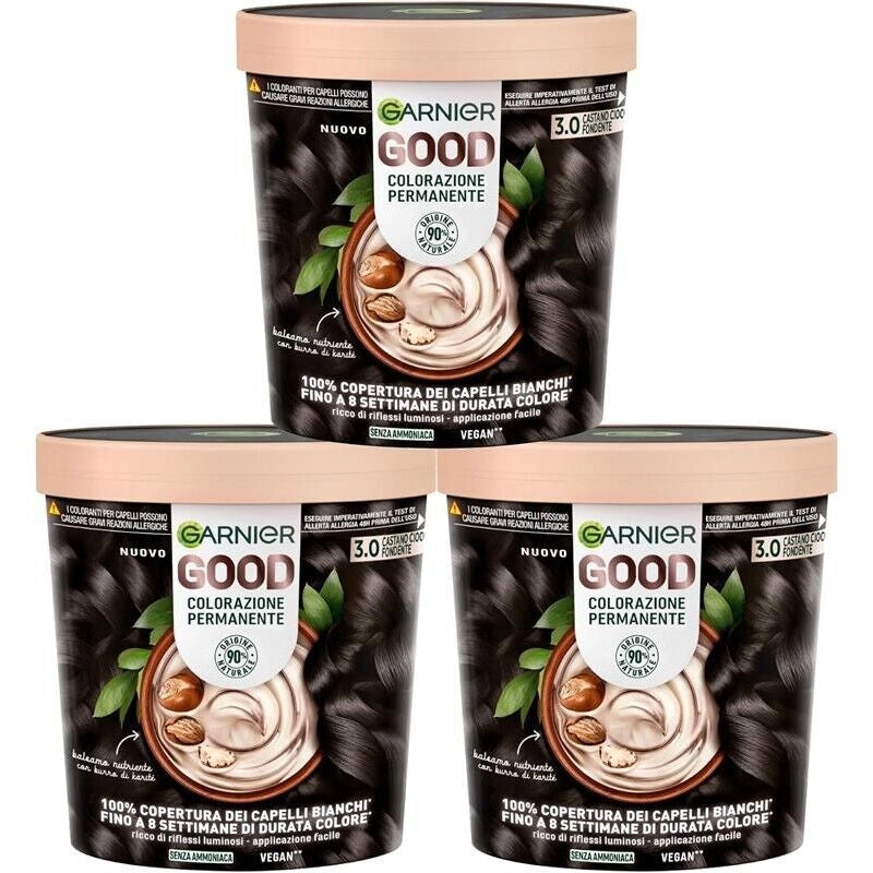 SET 3 GARNIER GOOD TINTA CAPELLI 3.0 CASTANO CIOCCOLATO FONDENTE COLORAZIONE PERMANENTE SENZA AMMONIACA 90% NATURALE