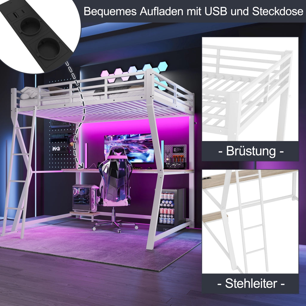 DESMIU Letto a soppalco 2 posti con scrivania, presa e USB, luce LED, 140 × 200 cm, senza materasso, bianco