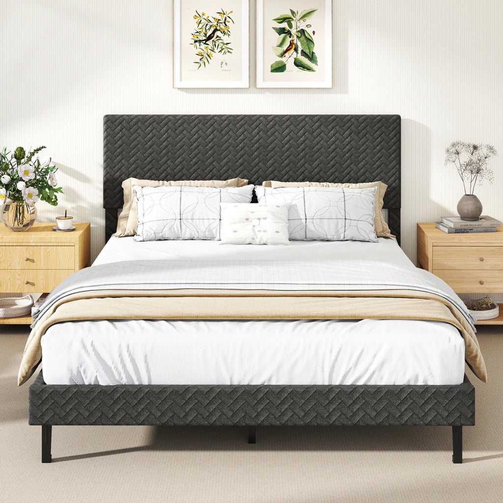 Telaio letto a piattaforma imbottito in lino con testiera chevron regolabile in altezza-Telaio letto a piattaforma silenzioso larghezza 164,5 cm