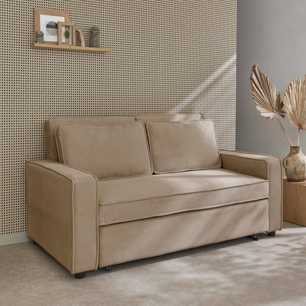 Divano letto in velluto a coste, 3 posti, beige